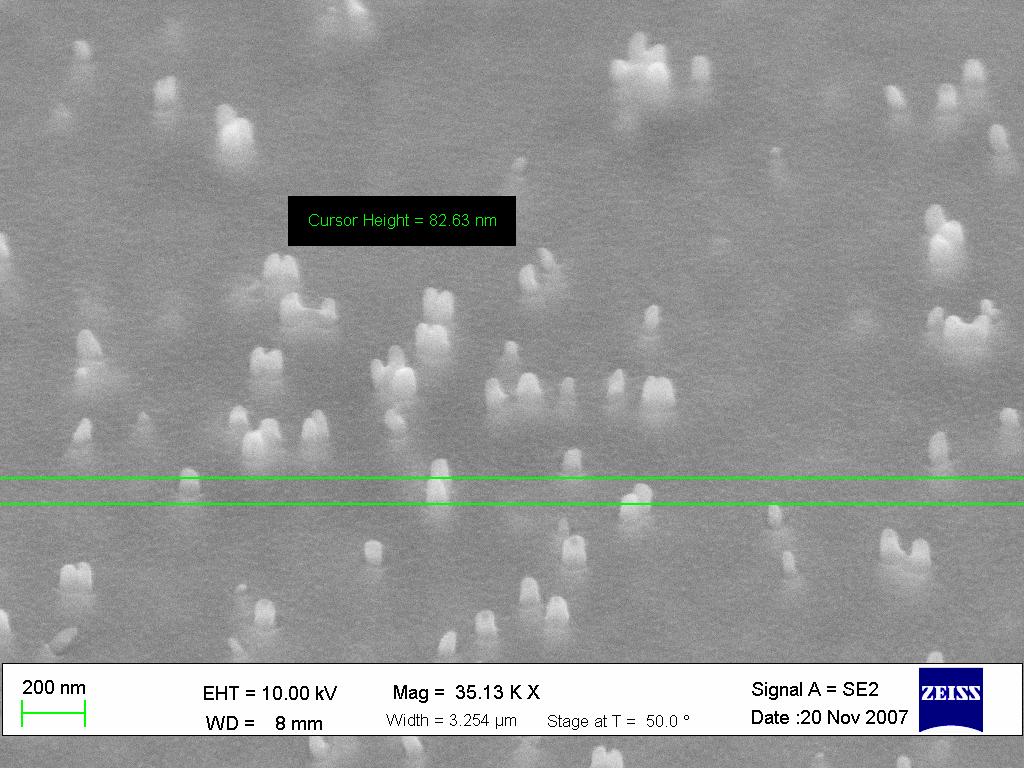 Figure 7.7 Nanopillar under the SOG film after partial etch back process. Bond pad was made to provide the contact on top of the nanopillar.