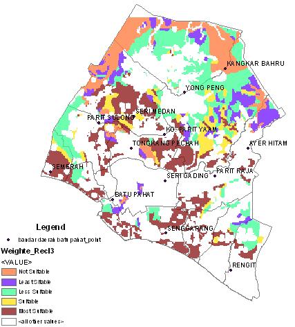 To ensure that the GIS output can be adopted, the manual process of screening was performed using the land suitability map along with a map Batu Pahat obtained from the Department of Town and Country