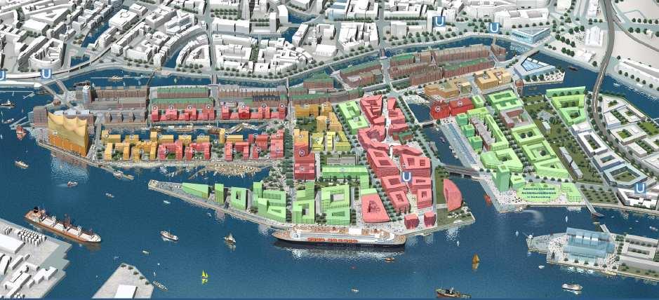 HafenCity New urban district, designed for mixed residential, commercial, leisure, retail and cultural use on a 155-hectare area with a total gross