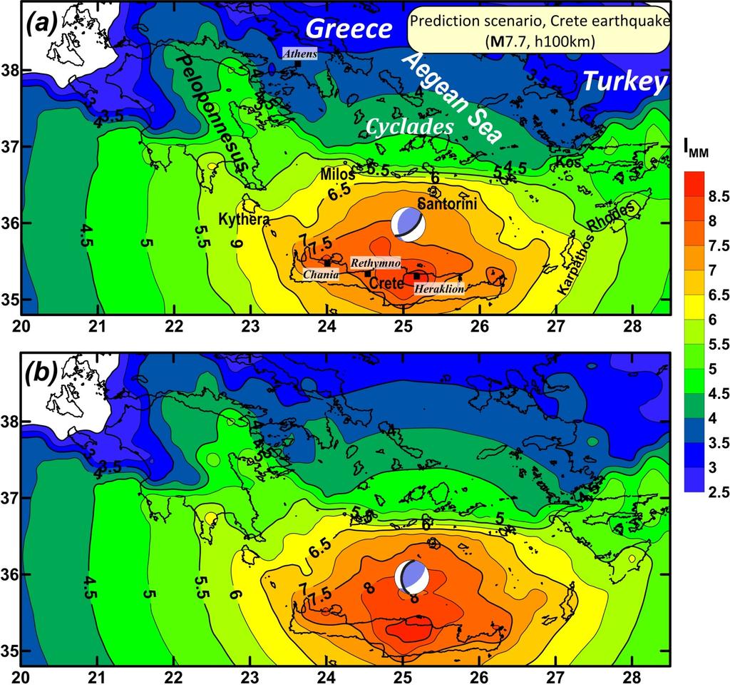 rather moderate for the whole eastern outer arc area (Crete Karpathos Rhodes coastal Turkey), clearly due the event s large focal depth, i.e. minimum hypocentral distances starting at ~140km.