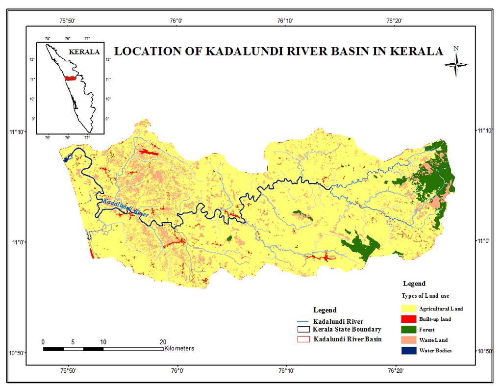 2. Study area The Kadalundi river originates from east of Karuvarakkundu village in the District of Kozhikode in Kerala State and lies between 10 0 51 42 to 11 0 10 42 north latitudes and 75 0 48 21