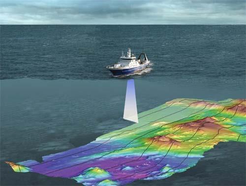 Multibeam echo sounding survey This image shows a depiction of the beam of sound waves mapping the ocean floor. Multibeam surveying provides incredibly detailed imagery of the seabed.