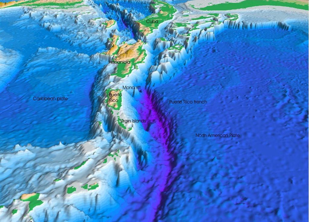 application: Caribbean tsunami and earthquake hazards studies (USGS) Perspective view of the seafloor of the Atlantic Ocean and the Caribbean Sea.