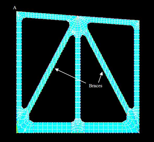 6.0 Application in Finite Element Analysis 55 Figure PP: Frame Mesh The element coordinates were adjusted to align the strong axes along the lengths of the members, simulating fiber alignment from