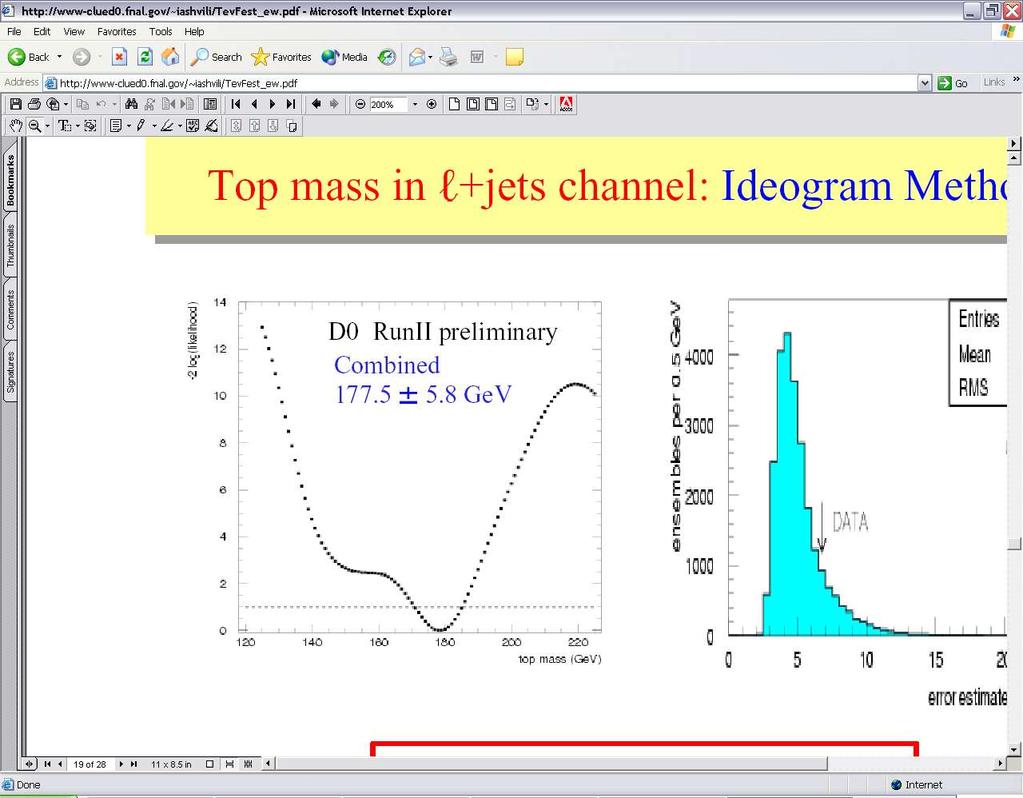 Top Mass Measurement Measurements in l+jets channel (~150 pb-1) - template method uses