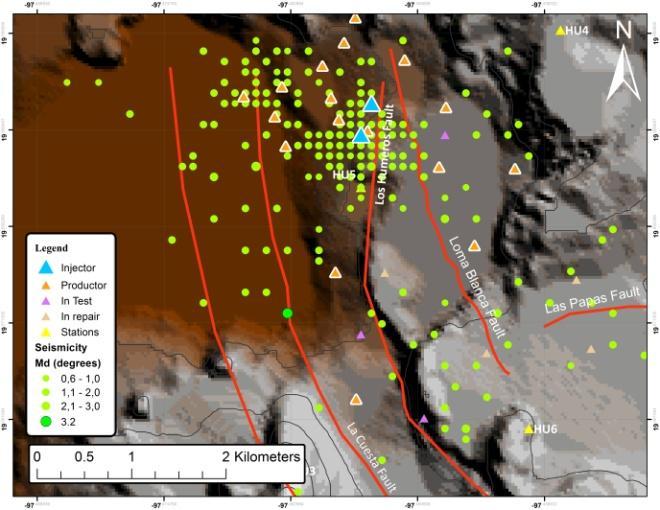 were estimated with a temperature between 300 and 400 C. Local Seismic Analysis The seismic monitoring in Los Humeros field started with the earthquake of November 25, 1994 (Md = 4.