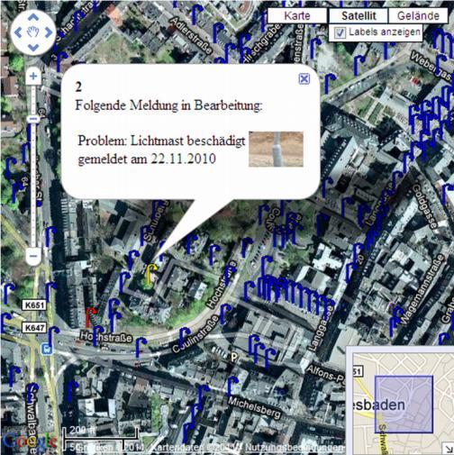 Citizen Service Prototype Prototype service for citizens of Wiesbaden Street lights and trees along public roads Web page as frontend Google as map viewer along with base map Receive reports and