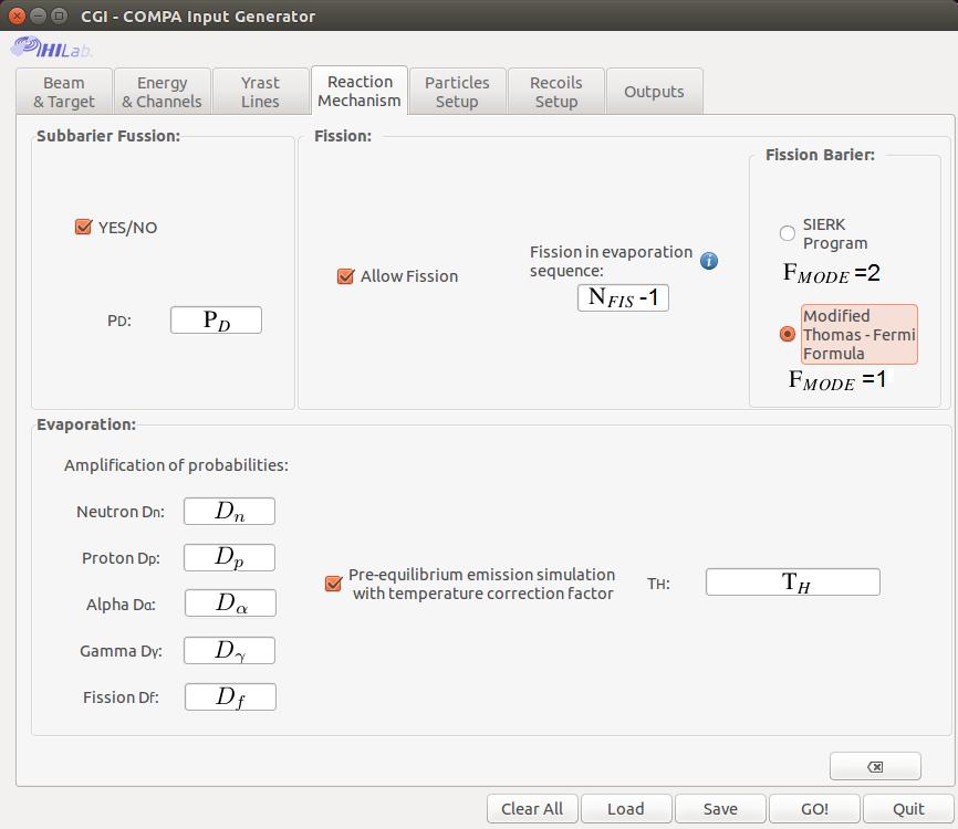 Figure 4: * The fourth menu of the GUI. The corresponding input parameters from the compa.inp file are marked. In this menu the user defines the reaction mechanism.
