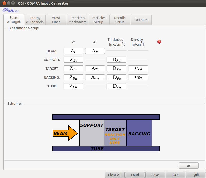 Figure 1: * The first menu of the GUI. The Corresponding input parameters from the compa.inp file are marked. This is where the user defines the configuration of the experimental setup.