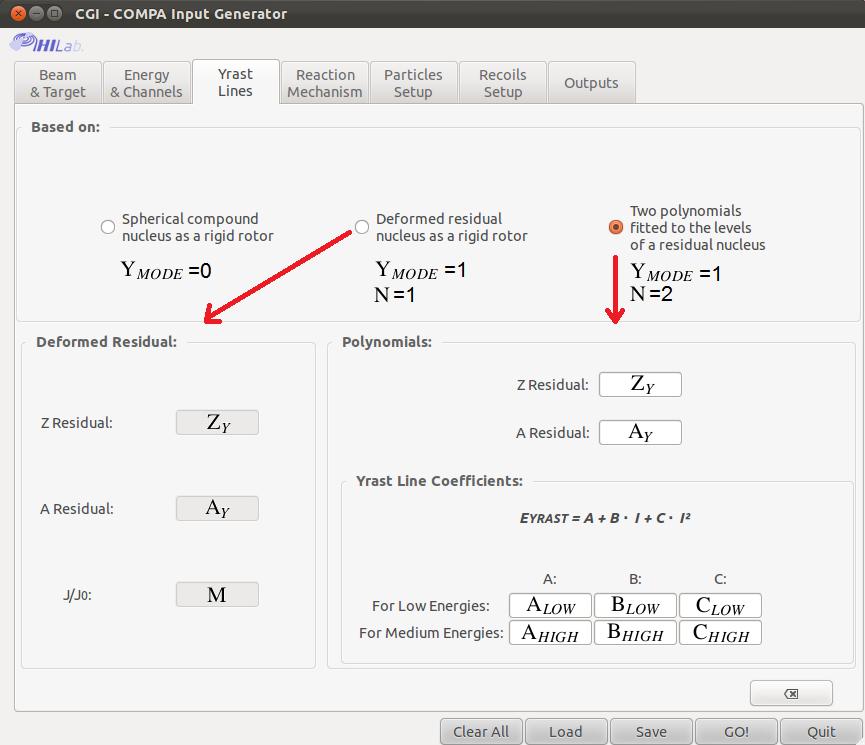 Figure 3: * The third menu of the GUI. Corresponding input parameters from the compa.inp file are marked. In this menu the user defines the reference yrast line (see Appendix B).
