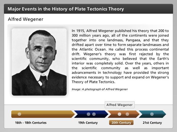 Alfred Wegener In 1915, Alfred Wegener published his theory that 200 to 300 million years ago, all of the continents were joined together into one landmass, Pangaea, and that they drifted apart over