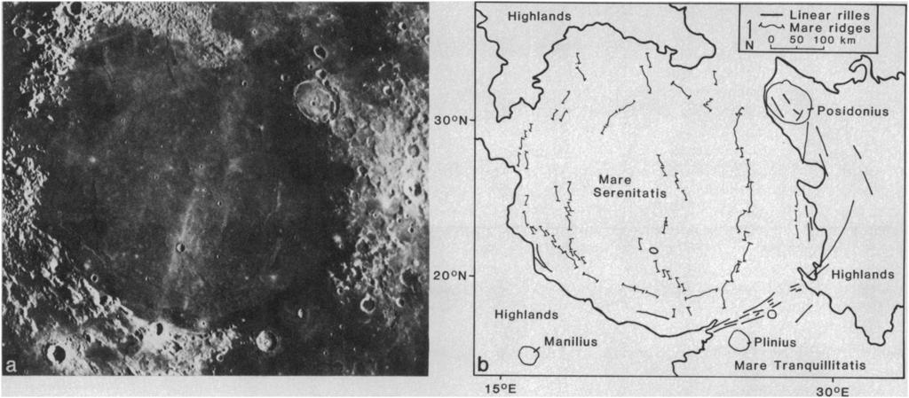 billion years ago. Earliest lava fill, now exposed as a dark ring around the eastern and southern edges of the mare, loaded the lunar lithosphere, causing subsidence and flexure.