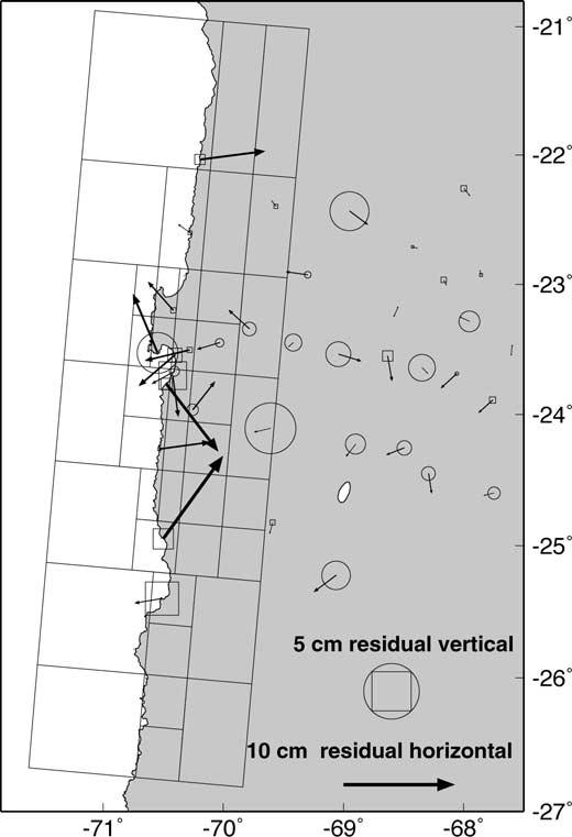 370 M. E. Pritchard et al. Figure 10. Residual displacements (data minus model) for the GPS data of Klotz et al. (1999). Horizontal residuals shown as arrows.