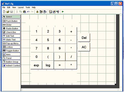 114 Giao diện đồ họa người dùng GUI Hình 5.3.1: Máy tính với các chức năng thông thường Dấu bằng: togglebutton_bang. Nó ở trạng thái được nhấn khi người dùng nhập xong một chuỗi và nhấn vào nó.