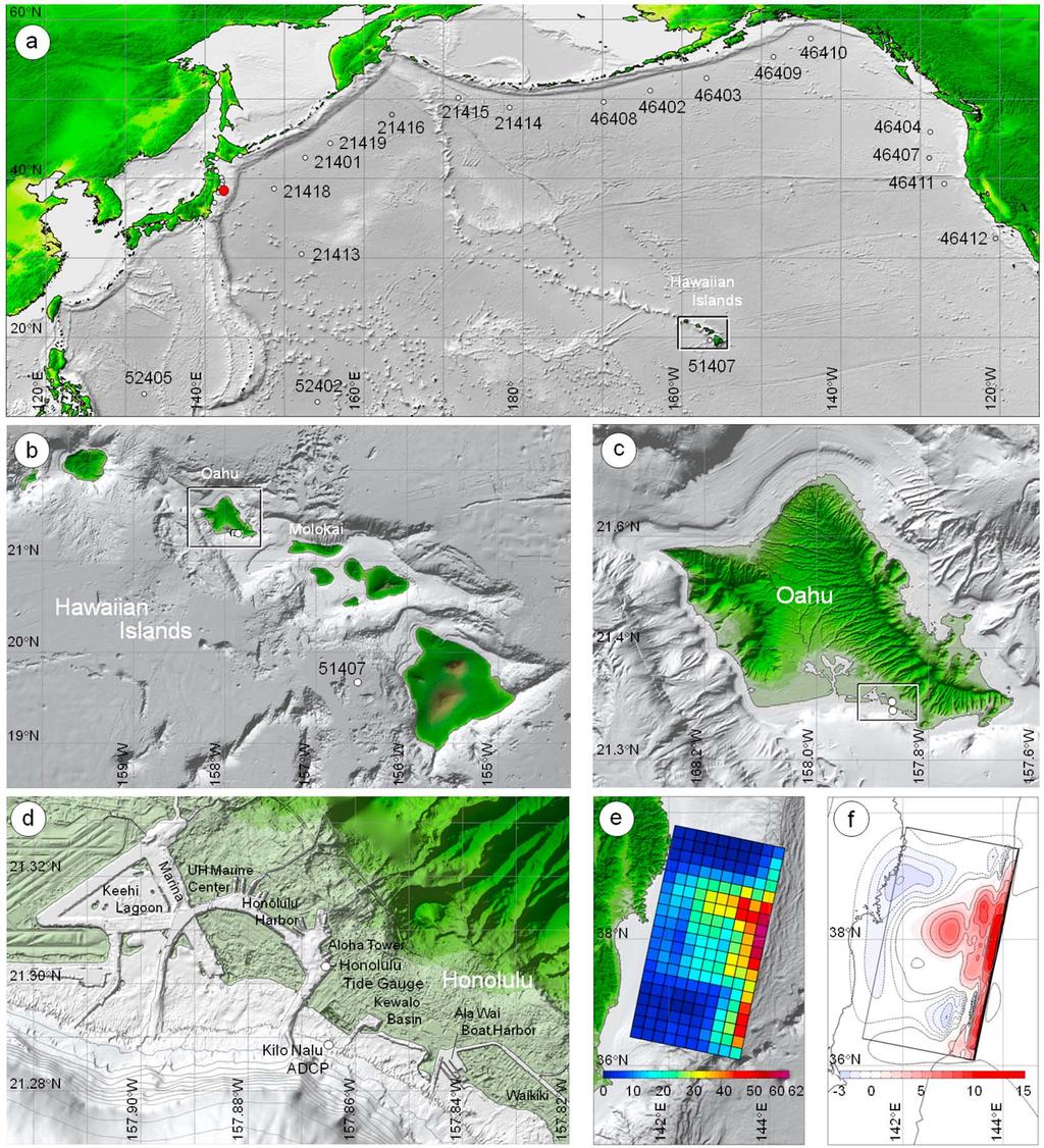 Figure 1. Location maps and model setting. (a) Level-1 grid. (b) Level-2 grid. (c) Level-3 grid. (d) Level-4 grid. (e) Slip distribution. (f) Vertical seafloor displacement.