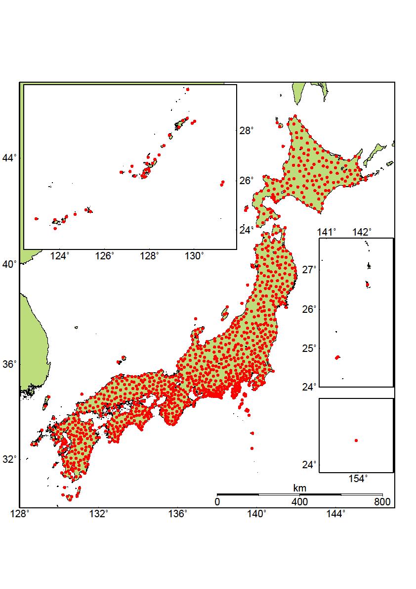 Japan s GEONET (GPS Earth Observation Network, 1996~ ) >1200 permanent GPS stations (average