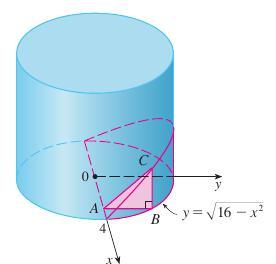 Example 2.9. A wedge is cut out of a circular cylinder of radius 4 by two planes. One plane is perpendicular to the axis of the cylinder.