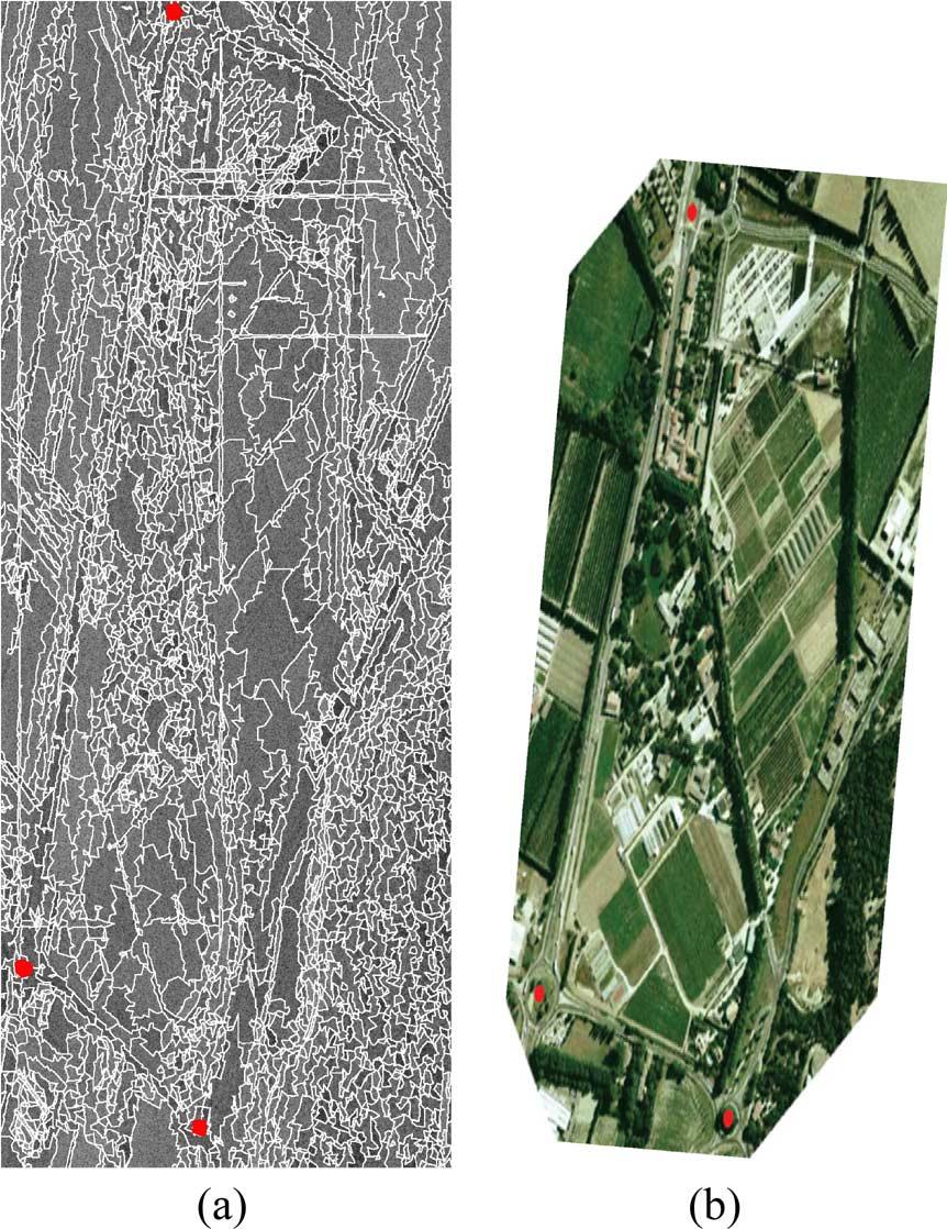 Extract (1670 647) of the PolInSAR X-band Avignon image notably composed of small agricultural parcels, buildings, and roads. (a) Pauli vector image (R: HH + VV; G:HH VV; B:2HV).