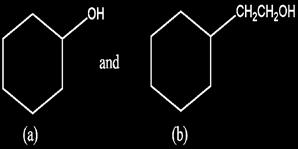 Q5. In the given diagram name the two structures. Are they isomers? How many carbon atoms are in their longest chain? (L3) Ans. a) is cyclohexanol and b) is 2-cyclohexylethanol.