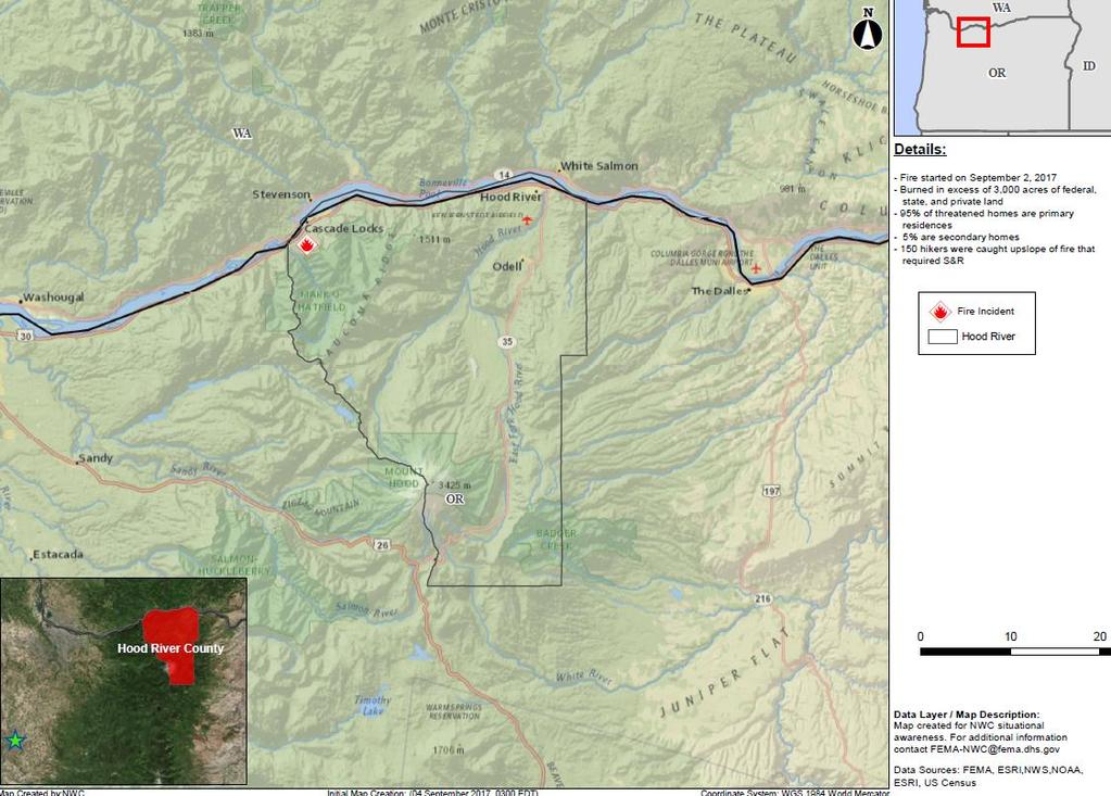 around the areas of Cascade Locks, OR (pop 1,144) Threatening homes, electrical substations and power lines, a school, airport, fire station, medical clinic, recreation areas,