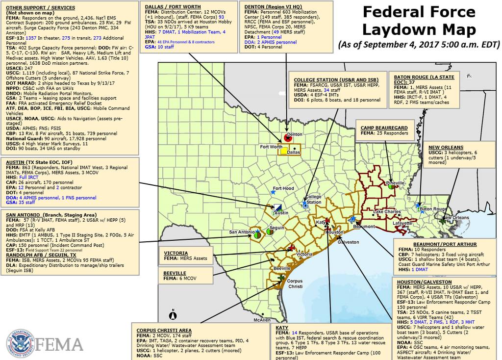 Tropical Cyclone Harvey FEMA Region VI RRCC: Level I (24/7); RWC: Steady State Region VI IMAT-1: deployed to TX Region VI IMAT-2: deployed to TX LNOs: deployed to TX & LA Texas EOC at Full Activation