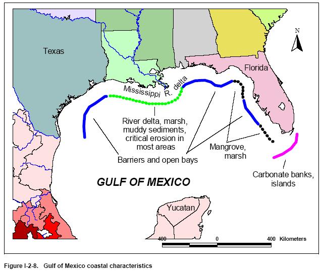 Gulf of Mexico West: Barrier Coast Barrier Island become the dominant coastal feature from the Mississippi Delta through Texas.