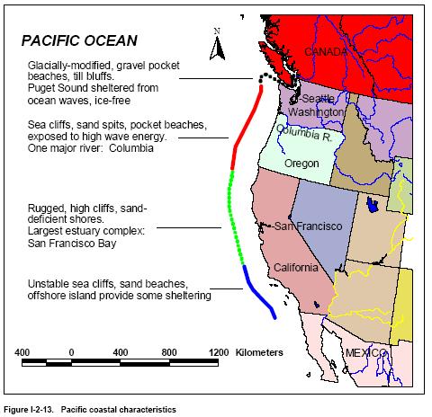 Pacific: Sea Cliffs and Terraced Coasts North of Cape Mendocino, the coast trends almost directly north, through Oregon and Washington, to the Strait of Juan de Fuca.