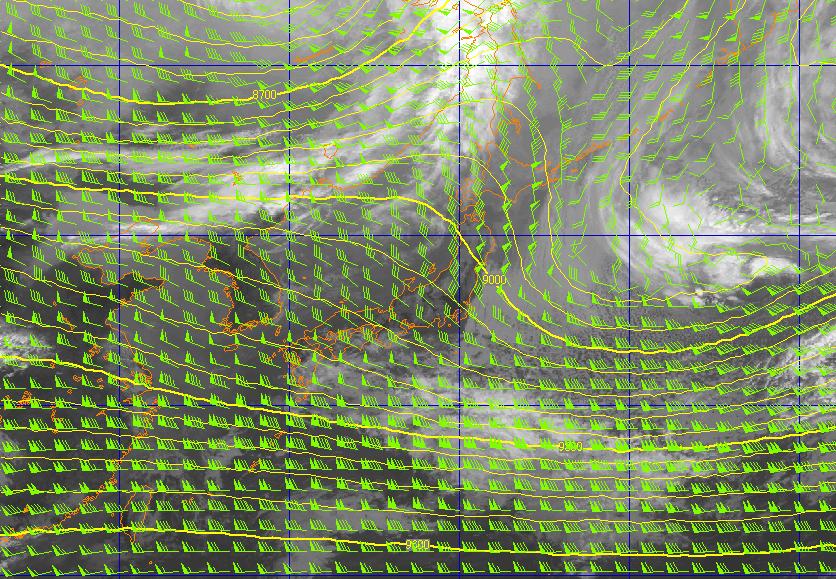 NWP data over the satellite image The left image is that the NWP data of 300hPa winds and 300hPa parallel of altitude lap over the infrared image. (at 26 Feb.