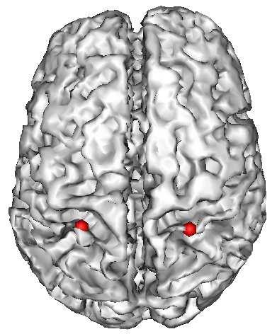 67 Figure 5.4. The cortical influence source space is extracted from 2mm under the brain outer surface. The region of somatosensory dipole sources are indicated by red dots.