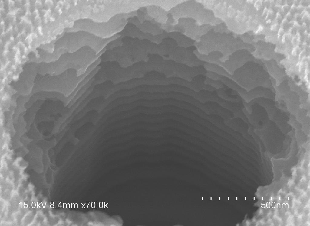 region, hence they are suppressed [8], [9]. This is analogous to the modeselective loss schemes mentioned in Chapter 1. (b) (a) Fig. 2.1: SEM image of two different air holes.