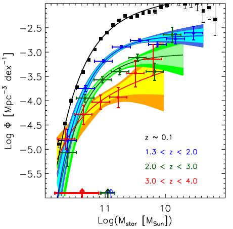 Evolution of the stellar mass function No significant evolution of the massive end of the mass function, while significant increase of the number density of low-mass galaxies BUT: observational