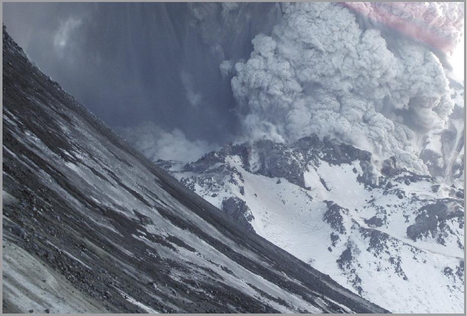 Figure 6. View southwest of Mount St. Helens crater minutes after onset of the March 8, 2005, explosion.