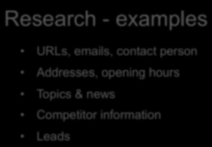 CATEGORIZATION, TAGGING & RESEARCH Research - examples URLs, emails, contact person