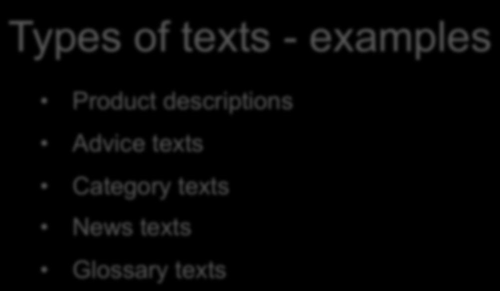 TEXT CREATION Types of texts - examples Product
