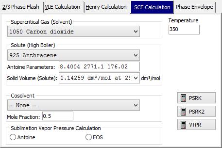 Example 4 Solubilities in Supercritical Solvents (SCF Calculation) This type of calculation allows the prediction of the solubility of solids like Anthracene in a supercritical solvent like carbon