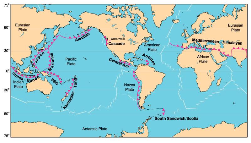 Ocean ocean Island Arc (IA) Ocean con:nent Con:nental Arc or Ac:ve Con:nental Margin (ACM) Principal subduction zones associated