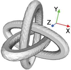 Borromean rings The Borromean rings are constructed with three ellipses whose surface normals point in the direction of the unit vectors (Fig. 6). The major and minor axes are set to 2.