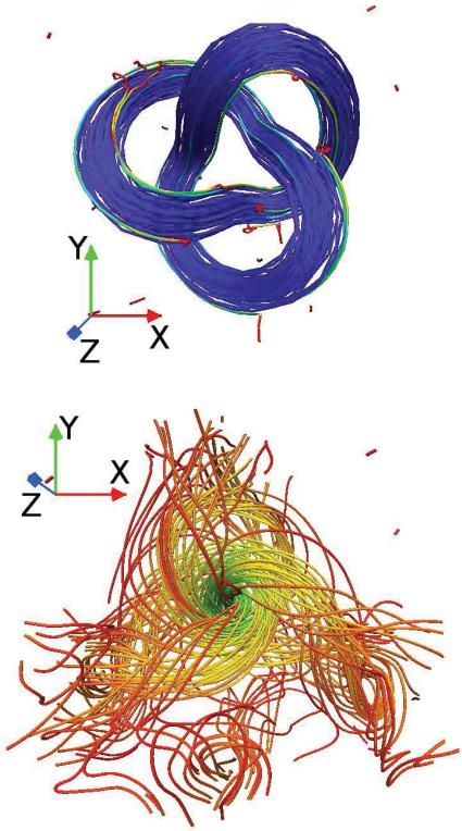 SIMON CANDELARESI AND AXEL BRANDENBURG PHYSICAL REVIEW E 84, 016406 (2011) FIG. 14. (Color online) Magnetic field lines for the trefoil knot at time t = 0 (upper panel) and t = 7.