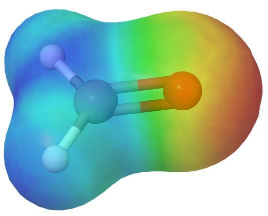 Electrostatic potential mapped onto the electron density surface 39 Nuc: Color at each point on the surface reflects work required to bring +1