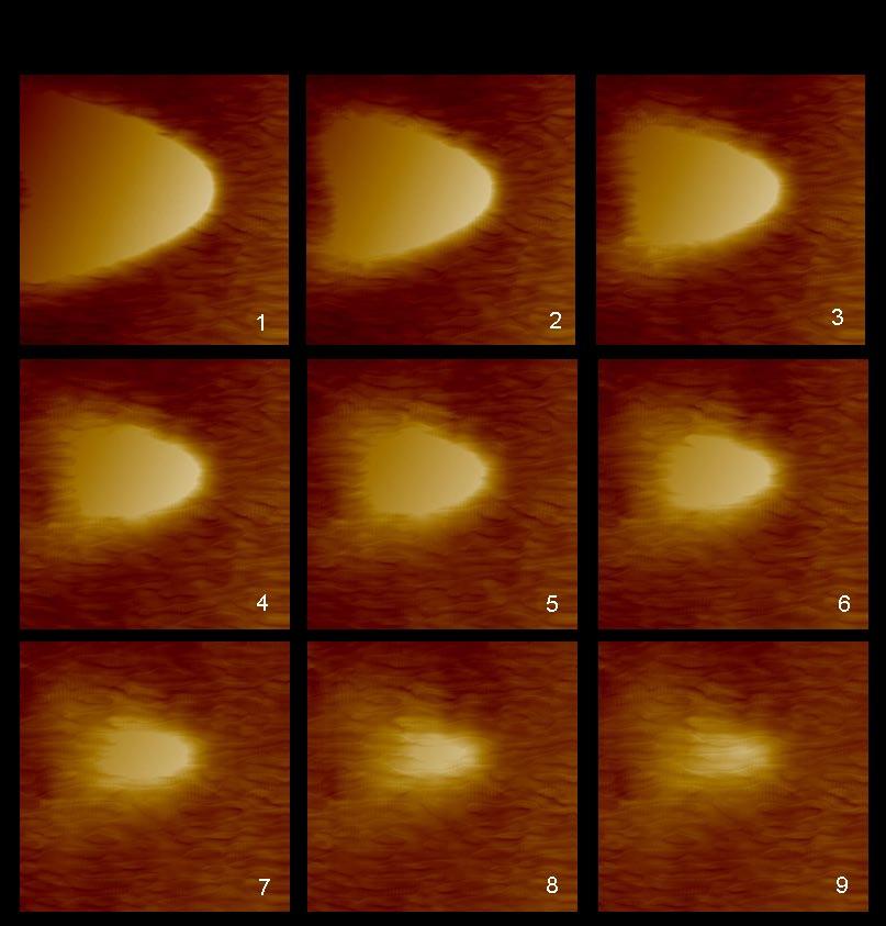55 Figure 4-2 A series of 100 µm square HFM scans. All images are taken slightly above the surface while a constant pressure of nitrogen gas is applied to a 10 µm radius hole.