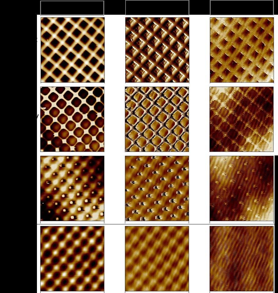 76 Figure 4-17. 100 µm square images of the same area of a TEM Grid. Each row is made up of the Height, Deflection and Friction images from a single scan.