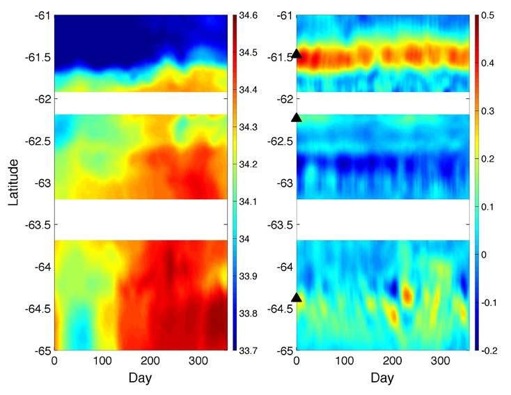 1 1 1 1 1 1 Figure 1. Seasonal cycle of surface (left) salinity (psu) and (right) along-shelf velocity (m/sec, eastward positive) along the BS transect (see Figure 1b) in 00.