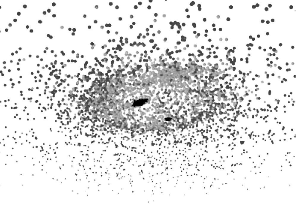 598 EMGalimovandAMKrivtsov Figure 5. The cloud of particles in space surrounding the condensed bodies immediately after their formation (t =1.07 T s).