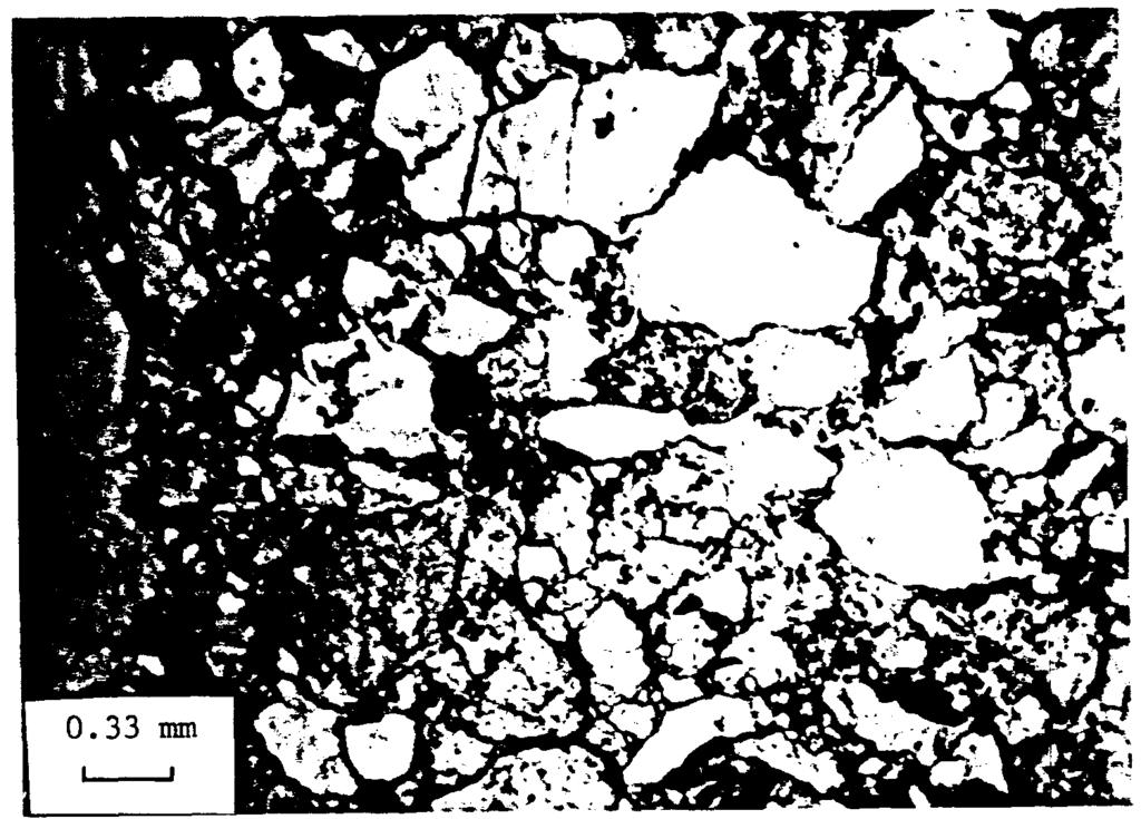 Figure 4-1. Grain size distribution of graywacke sandstone (at 30x magnification). Table 4-11 Radium Distribution of Crushed Rocks Particle Size (mm) Radium (pci/kg Rock) EP (%) 4.00-1.40 580.0 95.