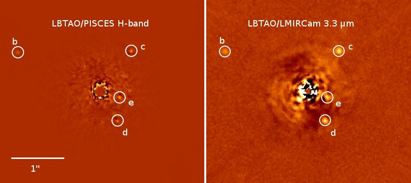 IMAGES Image 1: A look at the HR8799 planetary system from two different infrared wavelengths; on the left is the system seen in the H band (1.