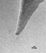 Silicon probe with a conductive single walled carbon nanotube (<2 nm diameter).