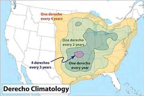 Though more frequent in the Mississippi River Valley, derechos occur often enough in the eastern United States for the National Weather Service to map their typical frequency of occurrence. Figure 4.