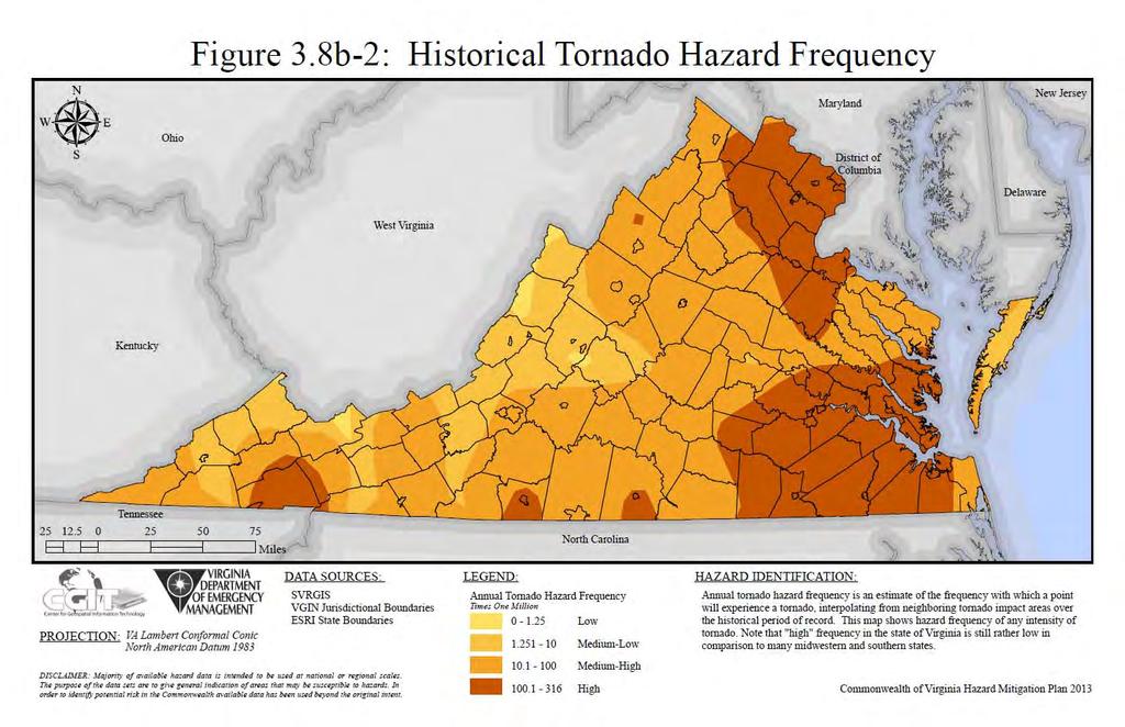Commonwealth of Virginia. This High designation is still low in comparison with frequencies experienced in tornado alley and throughout the southern States.