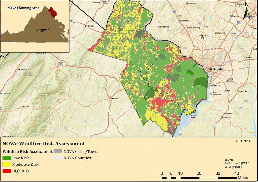 are conducive to wildfires: the Conway-Robinson State Forest and Prince William Forests Park in Prince William County among them. Figure 4.43. VDOF Wildfire Risk Assessment of Northern Virginia. 3.