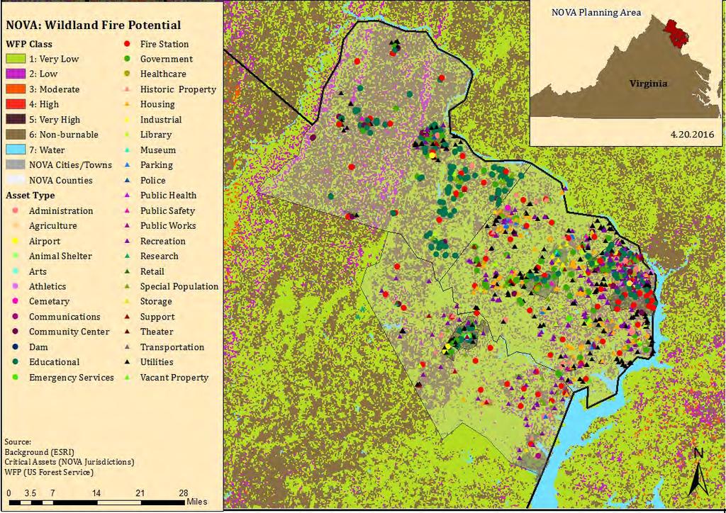 Figure 4.45. Wildfire Hazard Potential for Northern Virginia With Critical Facilities. Table 4.